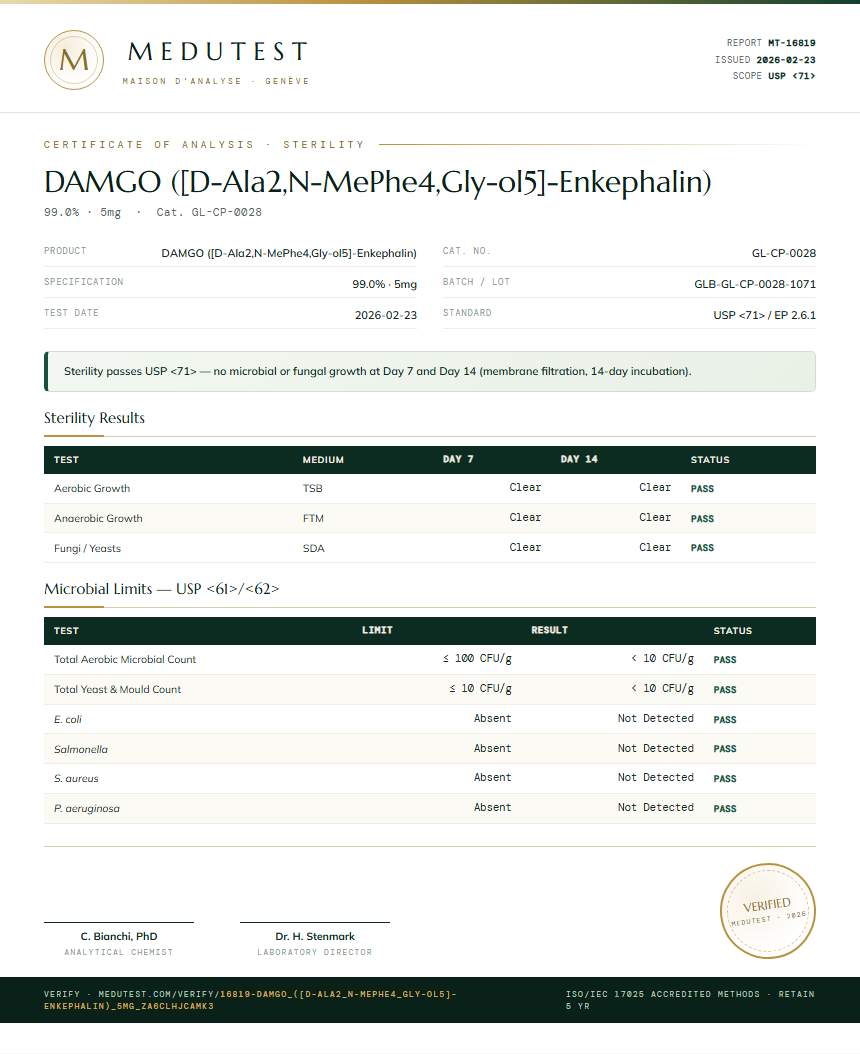 DAMGO ([D-Ala2,N-MePhe4,Gly-ol5]-Enkephalin) Sterility report by Medutest